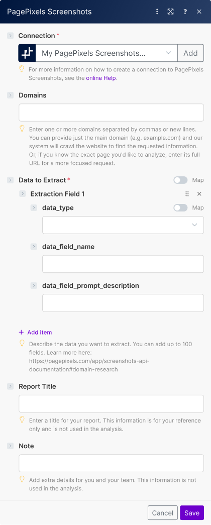 The PagePixels Screenshots' Website Domain Research action module in Make's interface with connection, domains, data to extract, report title, and notes fields shown.