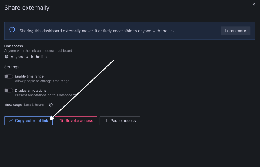 An open Grafana Share externally panel with arrow pointing to Copy external link for a Grafana dashboard.