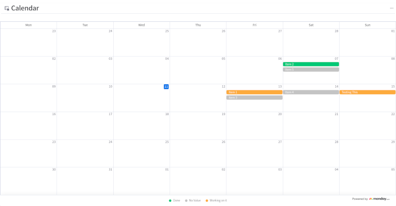 Example screenshot of a Monday.com calendar with multiple task items scheduled on the calendar with various statuses.