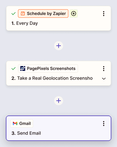 Displays the Schedule by Zapier Every Day app connecting to PagePixels Screenshots Take a Real Geolocation Screenshot which then connects to Gmail Send Email app